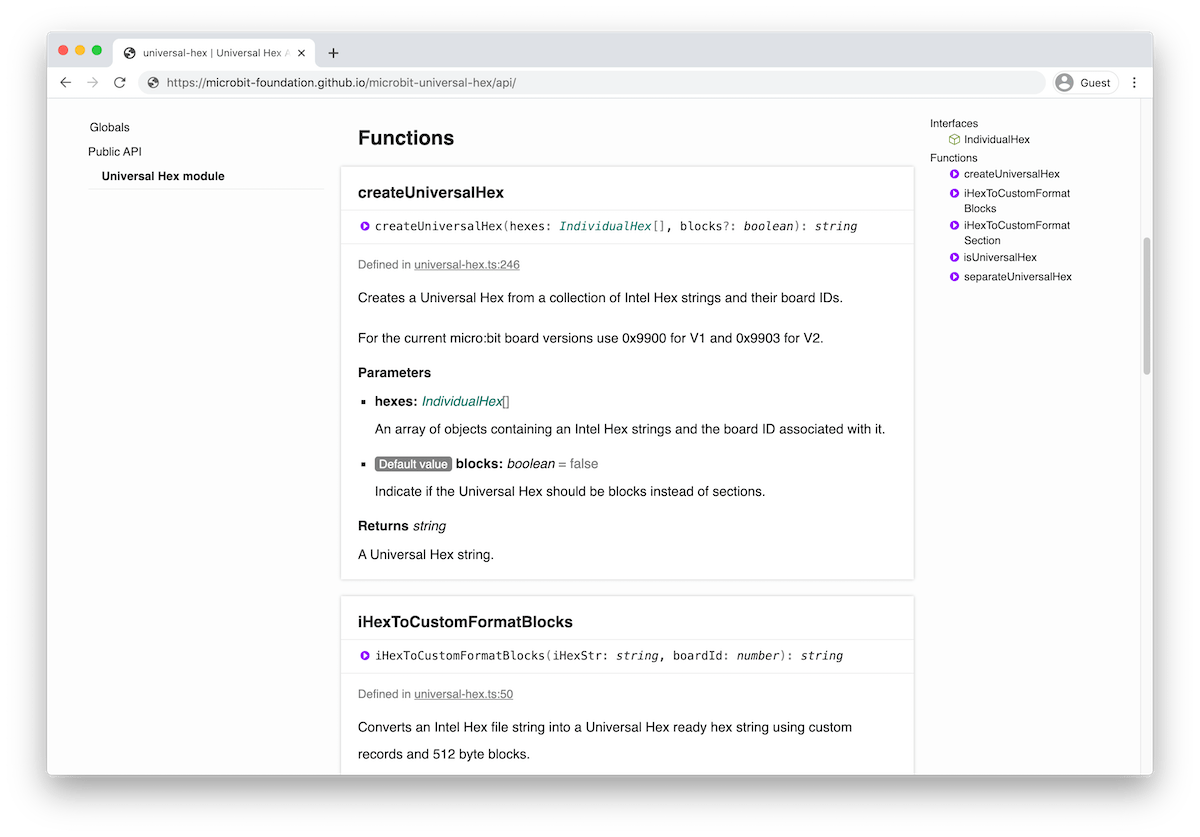 Screenshot of an API page